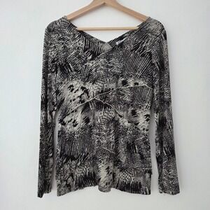 Adore V-Neck Top Black White Abstract Ruffle Tiered Long Sleeve Womens Large